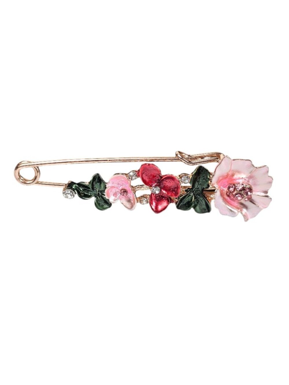 Enamel Floral Safety Pin Brooch Pink & Red Flowers with gold tone VTG - Picture 3 of 4